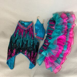 Adult Medium Jazz Dance Skort Set Turquoise Pink Sequin Ruffle Stage Outfit
